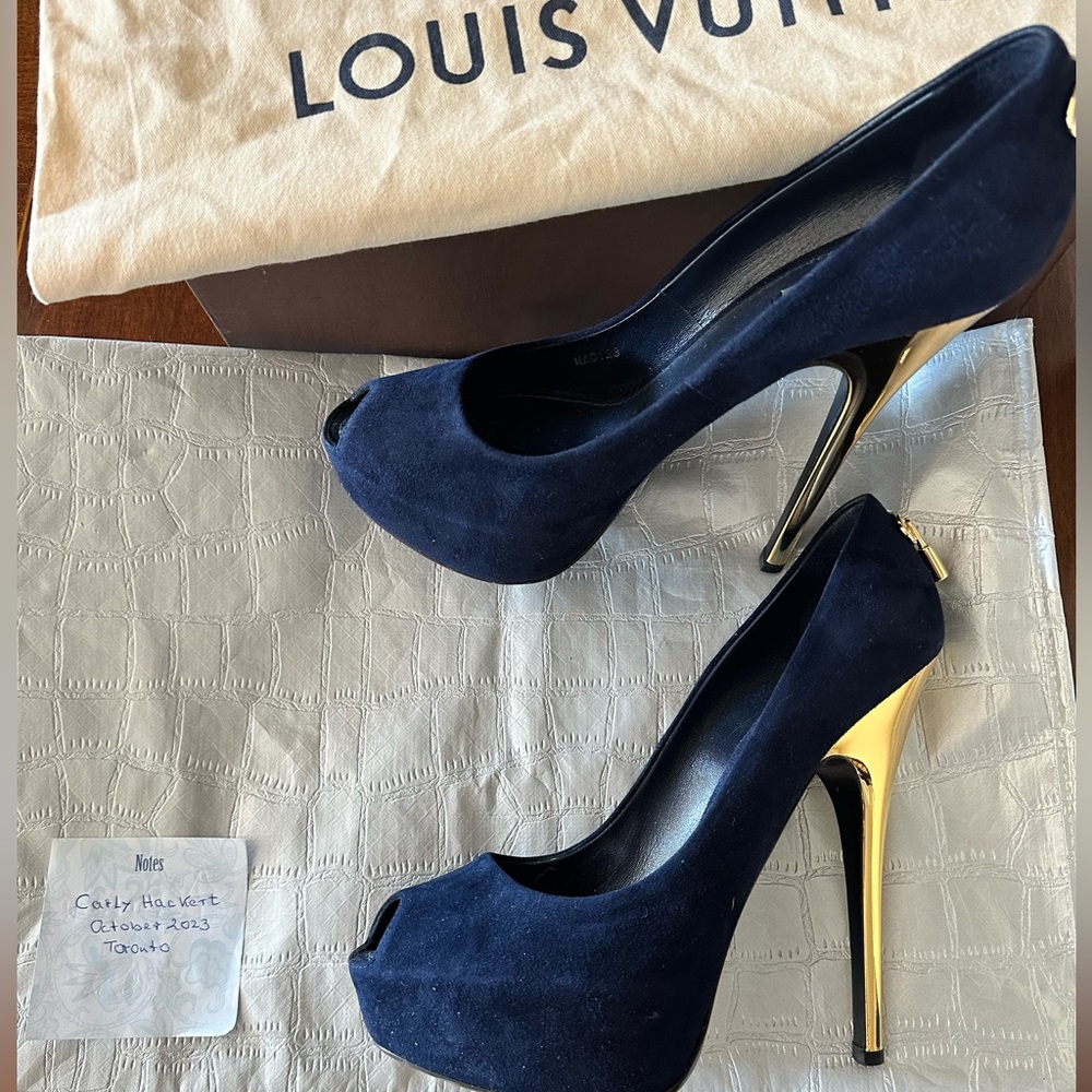 Louis Vuitton Suede Lock Peeptoe Heels